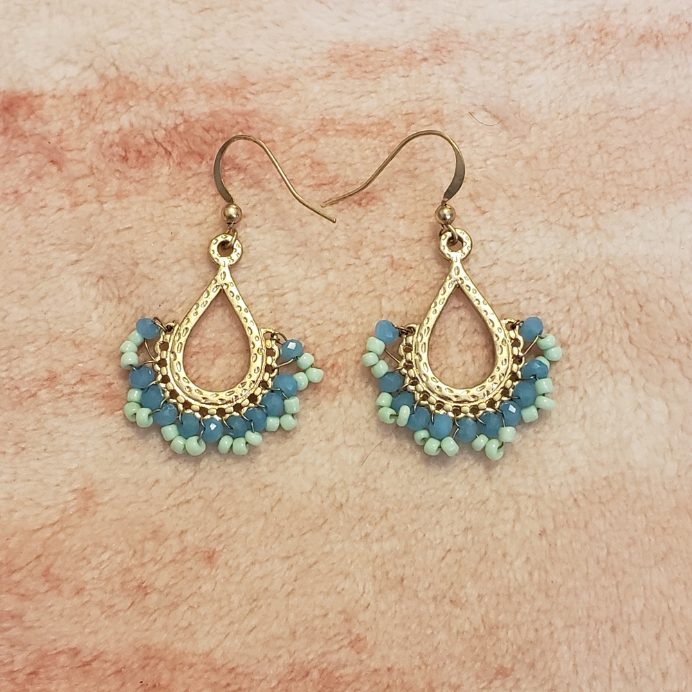 Blue and Gold Bead Fishhook Earrings